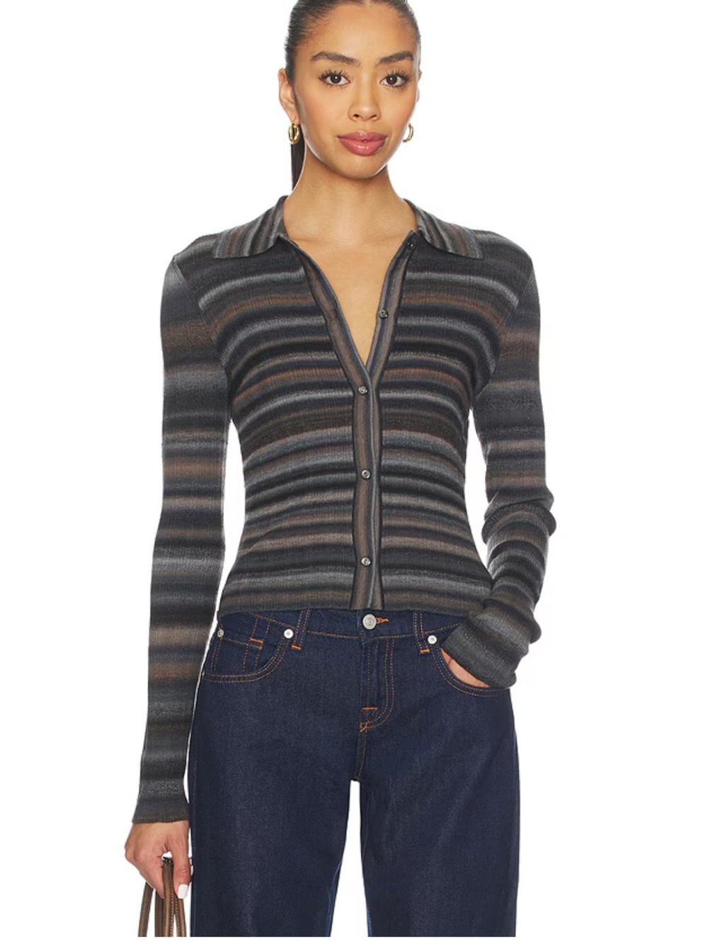 Re/Done Ribbed Polo Striped Long-Sleeve Wool Cardigan Sweater Gray Multi size S